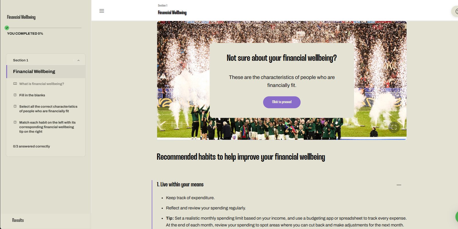 A financial wellbeing module with recommended habits
