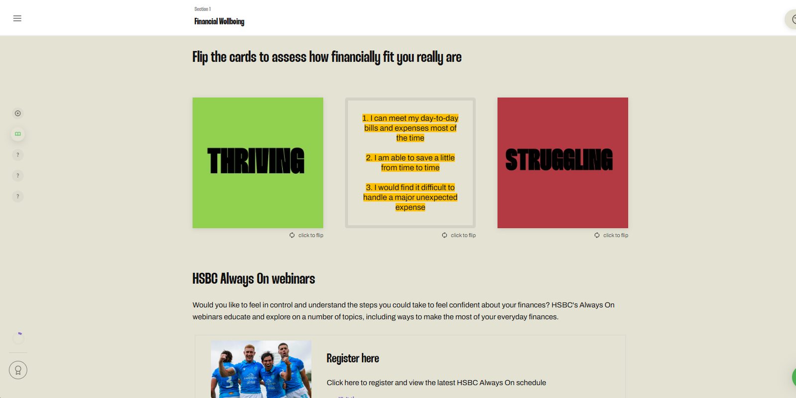 An interactive flip-card exercise assessing financial fitness