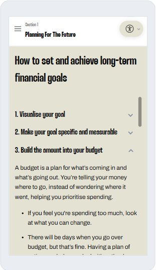 On mobile - a module on setting long-term financial goals, with expandable steps