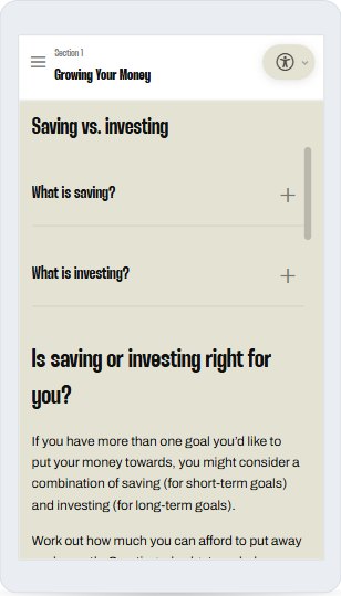 On mobile - a module comparing saving and investing, with expandable questions
