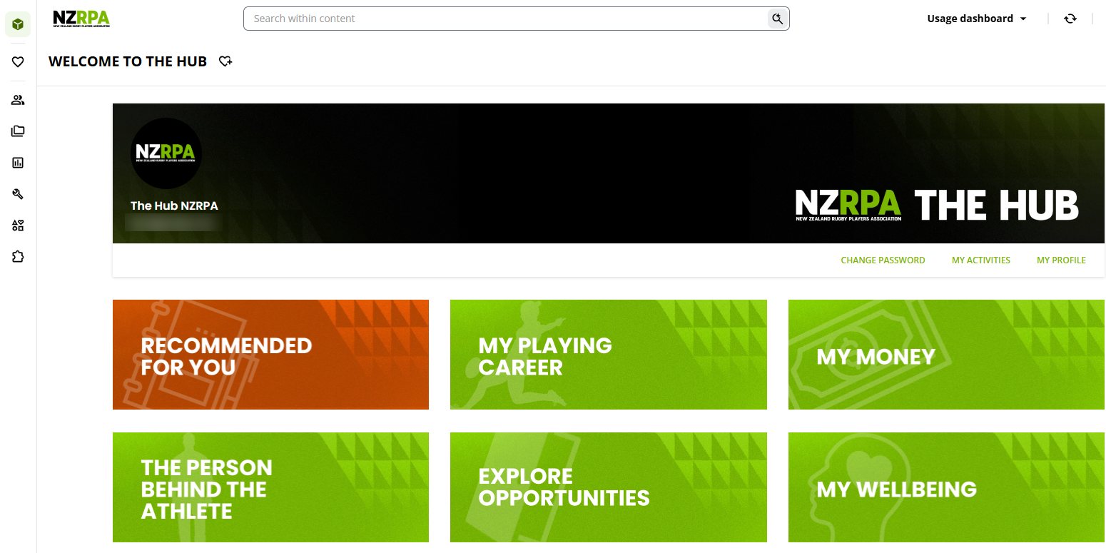 The Hub dashboard, with playing career, money and wellbeing sections