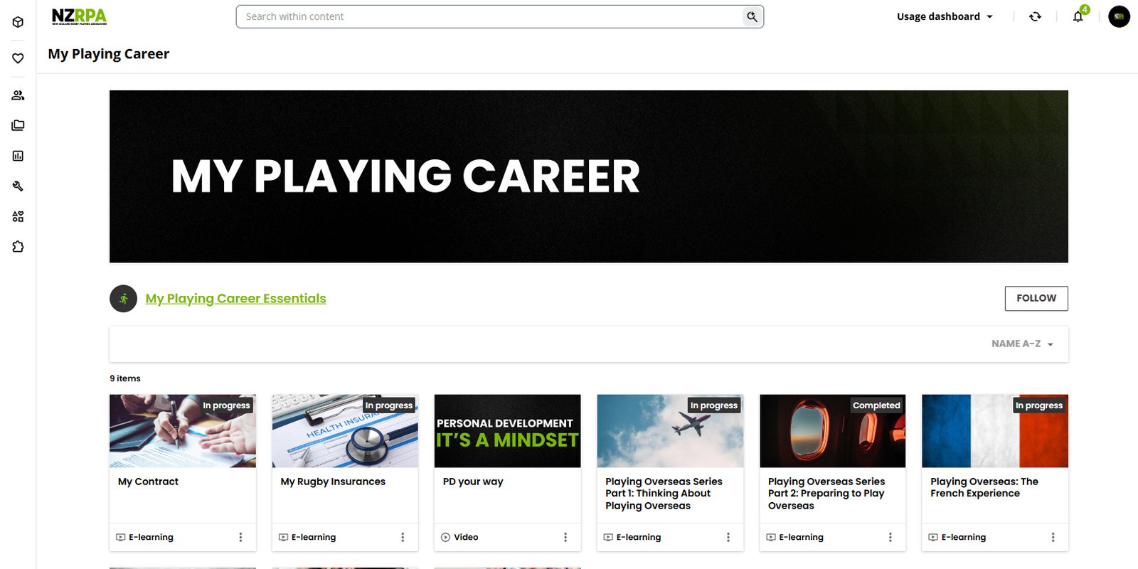 The My Playing Career section and its learning items