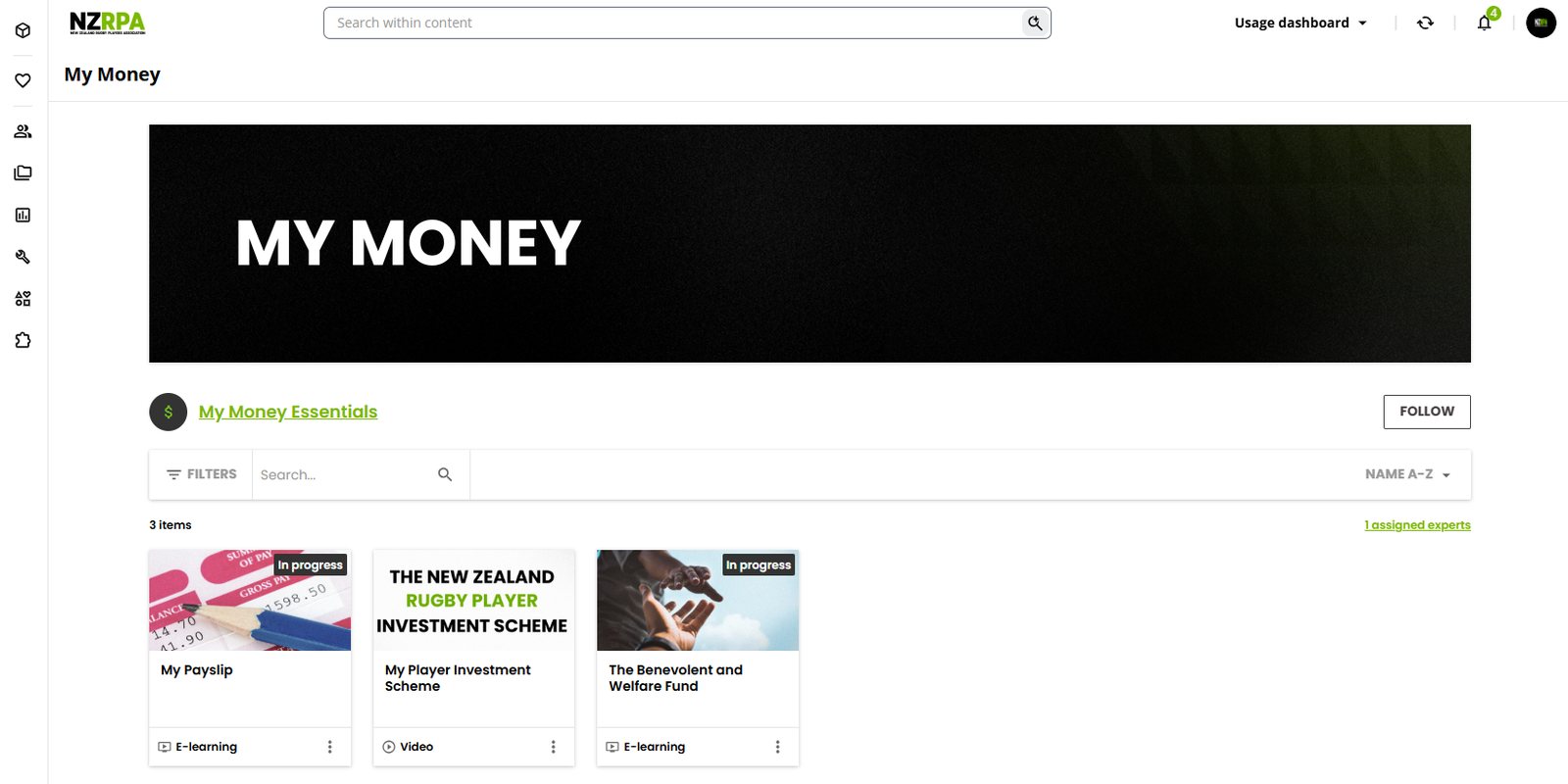 The My Money section and its learning items