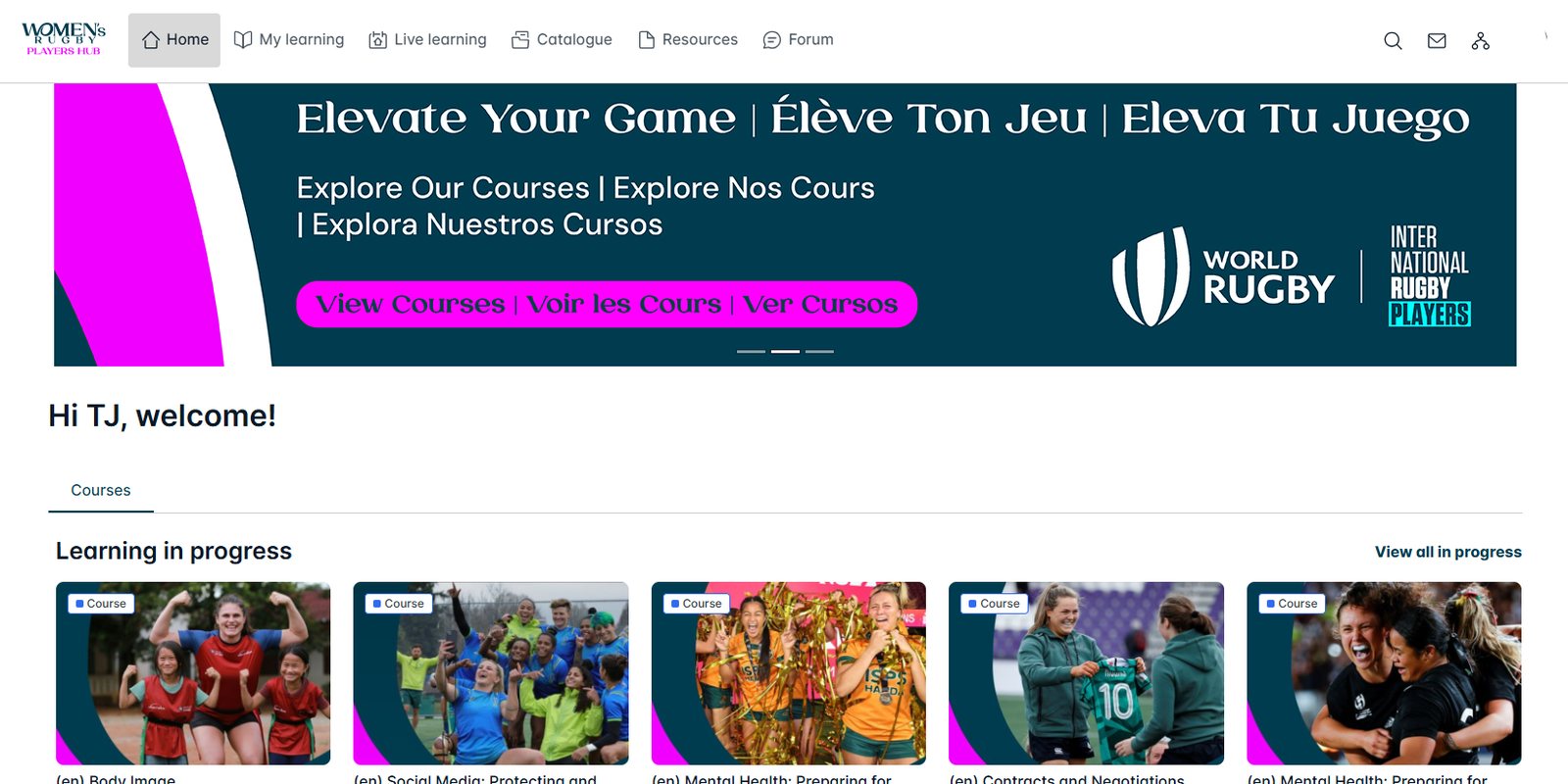 The Hub home page, banner headline in English, French and Spanish
