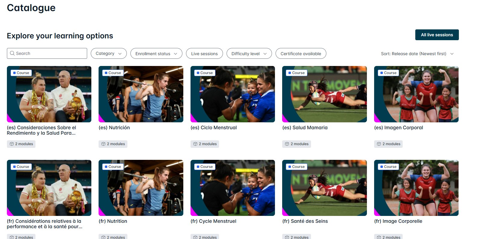 The course catalogue, same courses listed in English and Spanish