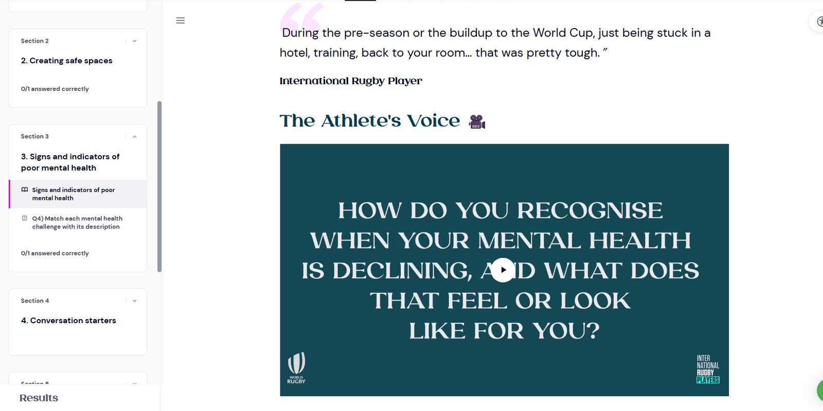 A module page with an embedded athlete interview video