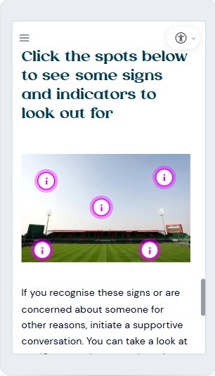On mobile - an interactive exercise where tapping spots on a stadium image reveals signs to look out for